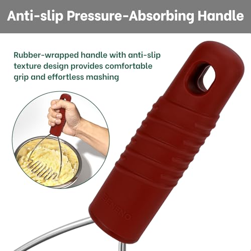 Image of Beneno Ergonomic Easy Grip Stainless Steel Potato Masher, 10.5-Inch, Red | Premium Reinforced Stainless Steel Head, Textured Soft Non-Slip Grip, Efficient Potato Smasher Kitchen Tools, Dishwasher Safe