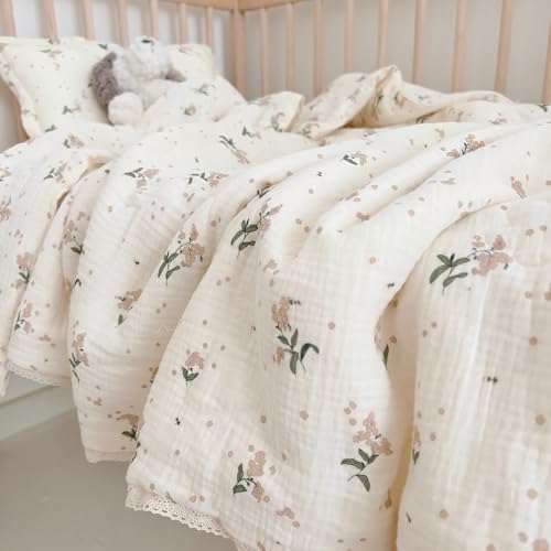 Image of BuLuTu Cute Laurel Design Toddler Quilt Muslin Cotton Comforter Lightweight Soft Nursery Blankets Floral Beige Crib /Toddler Bed Quilted Blanket for Unisex Baby Boys Girls, 47 inchx59 inch