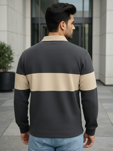 Image of Veirdo Men's Loopknit Cotton Oversized Baggy Fit | Full Sleeve Polo T-Shirt | Casual Streetwear with Ribbed Cuffs Travel | Sizes: S to XXL