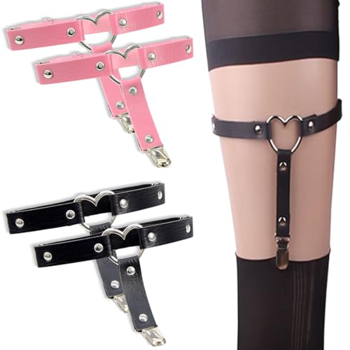 Damen Strapsgürtel, 4 Stück Leder Bein Strumpfband Damen Verstellbar Punk Gothic Strumpfband Schwarz Rosa Anti Rutsch Clip Strumpfhalter Halloween...