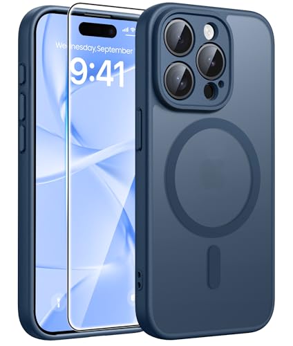 Image of FNTCASE for iPhone 15 Pro Max Case: [Compatible with Magsafe] Translucent Matte Cases with [Full Camera Protection] [Screen Protector] Military Grade Shockproof Protective Phone Cover - Blue