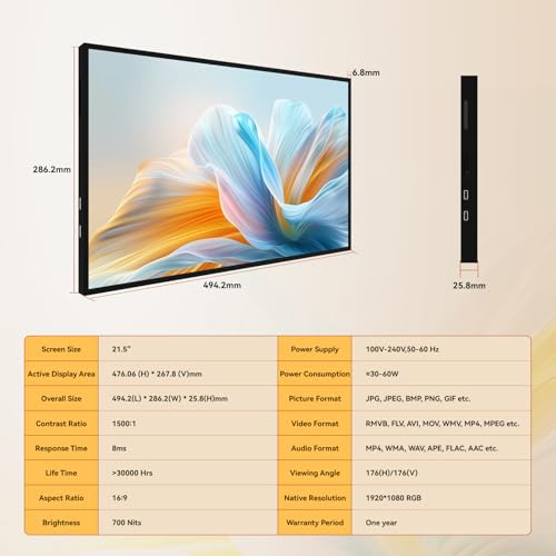 Image of Digital Signage Display 21.5 inch Wall Mount Digital Menu Board for Restaurants and Stores Advertising Screen 700 nits Ultra-High Brightness FHD Free Web Content Editor Android 2GB + 32GB