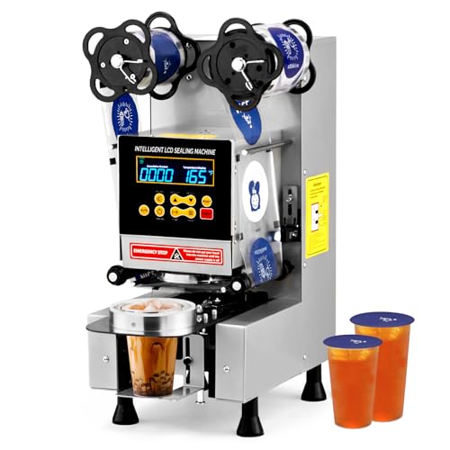ROVSUN Cup Sealing Machine Full Automatic, Electric Cup Sealer 500-600 Cups/H, Bubble Tea Machine with LCD Intelligent Display, 88/89/90/95 mm Cup for Bubble Milk Tea Coffee, Silver