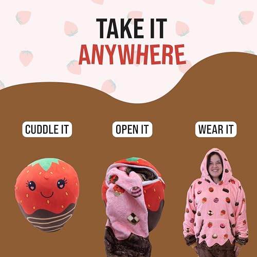 Image of Wearable Blanket Hoodie - Chocolate Strawberry 2-in-1 Oversized Hooded Wearable Blanket for Adults & Teens - Plush Transforming Blanket Pillow with Giant Pocket - Cozy Hoodie For Gifting