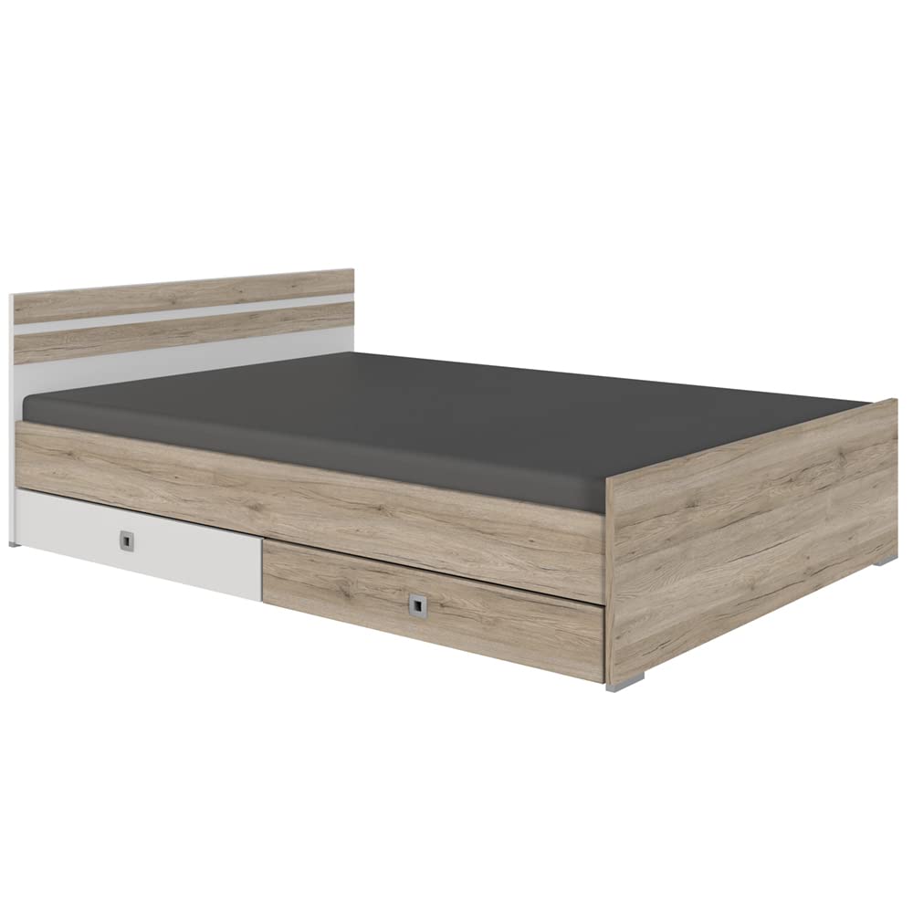 Lomadox Schlafzimmer Jugendzimmer komplett Set mit Eckkleiderschrank, begehbar und beleuchtet und inkl. Schreibtisch und Bücherregal Set in Eiche Nb. mit weiß