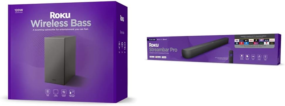 Roku Bajo inalámbrico  Subwoofer delgado Streambar  Streambar Pro  Reproductor multimedia de transmisión 4KHDHDR y sonido cinematográfico todo en