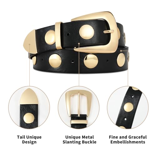 Women Black Belt with Gold Buckle Fashion Leather Belt Women Punk Waist Belt Studded Belt for Jeans Dress4