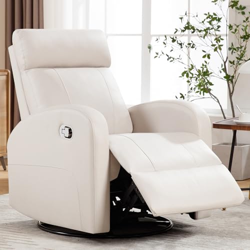 Image of HOMYKA Swivel Rocker Recliner, Manual Glider Rocking Recliner Chair, Leather Swivel Reclining Lounge Chair Nursery Glider Recliners for Small Spaces, Living Room, Beige