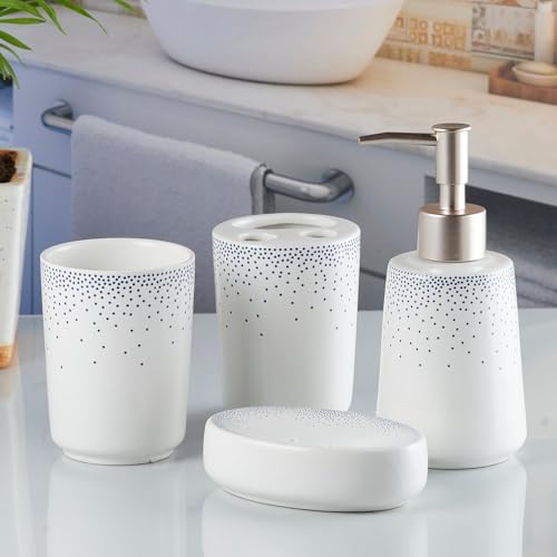 Image of Kookee Ceramic Bathroom Accessories Set - 4-Piece Modern Bath Set with Soap Dispenser & Toothbrush Holder - Elegant Home & Gift Choice, White /Black (10168)