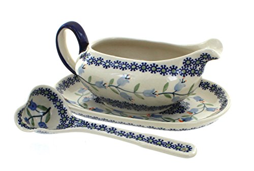 Blue Rose Polish Pottery Tulip Gravy Boat & Ladle