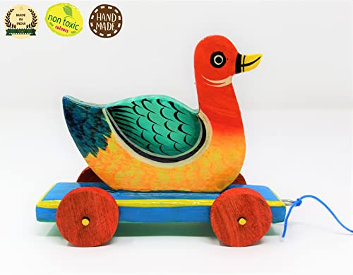 Image of A&A Kreative Box Wooden Pull Along Toy Encourage Walking, Build Gross Motor Skills and Hand-Eye Coordination Handcrafted by Indian Artisans for Kids Toddlers (Duck)