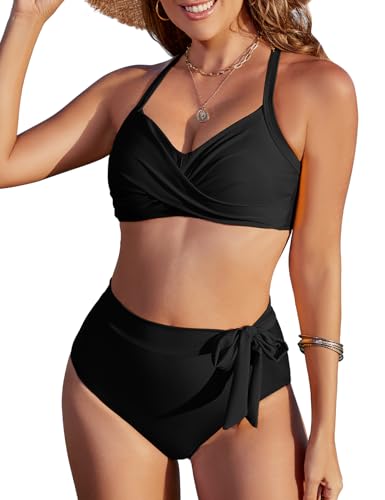 FemiChic Bikini Damen Set Bauchweg Push Up Oberteil High Waist Bikinihose Sommer Zweiteiliger Twist Front mit Cups Vinta...