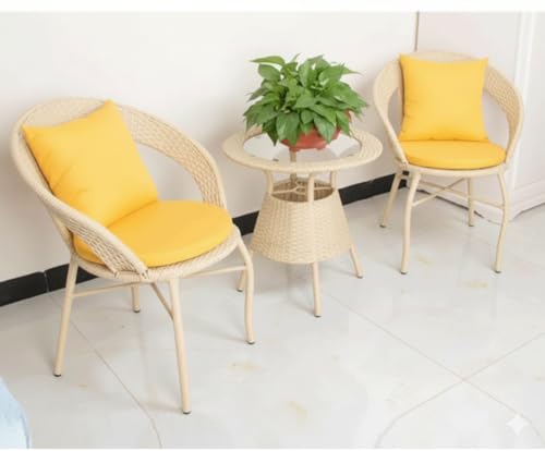 Image of India Garden Patio Seating Chair and Table Set Outdoor Balcony Garden Coffee Table Set Furniture with Table and Chairs Set (Cream with Yellow Cushion and Pillow 2+1)
