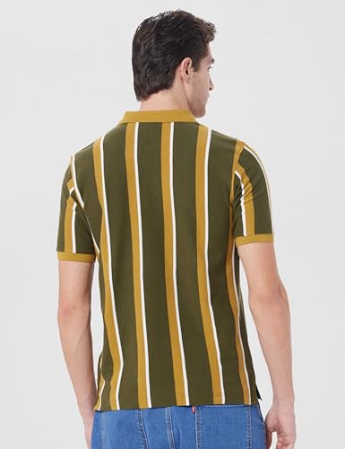 Image of Peter England Men's 100% Cotton Vertical Striped Polo T-Shirt - Casual Wear | Sleek & Comfortable