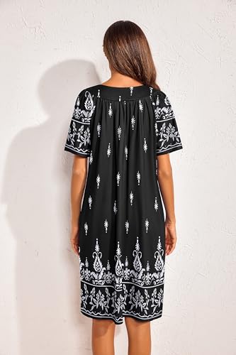 Image of Ekouaer Womens House Dress Floral Print Nightgown with Pockets Mumu Dress | V Neck Nightgowns for Women Pleated Short Sleeves Mumu Dresses Knee Length Moo Moo for Sleep, Daily Wear, Vacation, Party