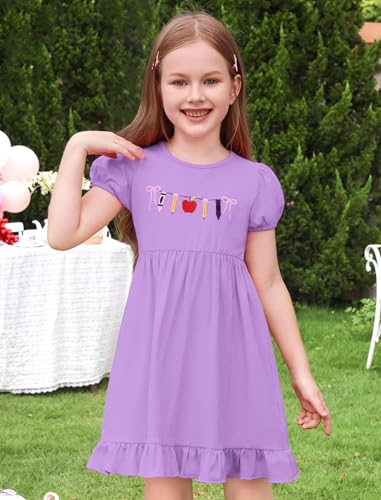 ODASDO Girls Back to School Dress Apple Pencil Embroidered Short Sleeve Ruffle Swing Twirly Dress Summer Outfit2
