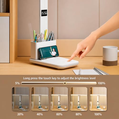 Image of DRAYA DEAL'S SmartTwin Pro Design Rechargeable LED Table Lamp Dual Arm Desk Light with Fan & Phone Holder Touch Control Dimmable Study Lamp 2400mAh Battery USB Powered (White)