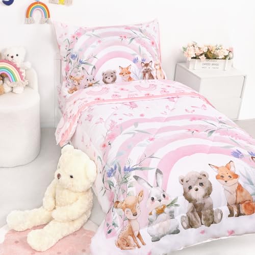 Image of Hooyax Toddler Bedding Set for Girls - 4 Piece Rainbow Toddler Comforter Set Includes Fitted Sheet, Comforter, Pillowcase & Flat Sheet - Soft Comfort Microfiber for All Seasons