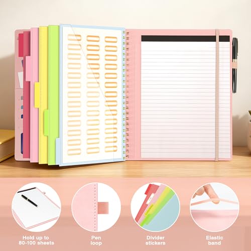 Image of Clipboard with Storage for Men Women, Leather Padfolio Portfolio Organizer 5 Folders with 10 Pockets, Spiral Clipboard Folio with Notepad for Letter Size, Elastic Closure and Pen Loop Pink