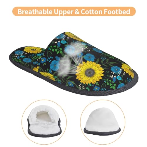 Sunflowers And Blue Flower Print House Slippers For Women And Men,Soft Slippers With Memory Foam,Non-Slip Indoor Home Shoes3