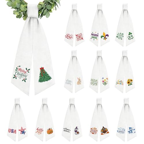 12 Pcs Seasonal Wreath Sash for Front Door Embroidery Ribbon Sash Christmas Fall Gift Holiday for Yard Porch Doorway Decor Indoor Outdoor