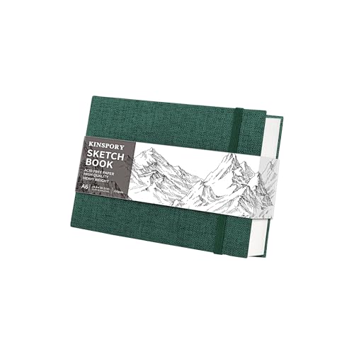 KINSPORY Hardcover Cloth Sketchbook, Sketch Pad, 100 Pages (50 Sheets) 150gsm Professional Perforated Sketch Paper, Travel Drawing Pad for Artists, Adult, Teens (Green, A6)