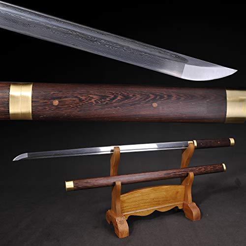 Yongli Sword Full Handmade Katana Japanese Samurai Straight Sword Sharp Edge Damascus Folded Steel Blade