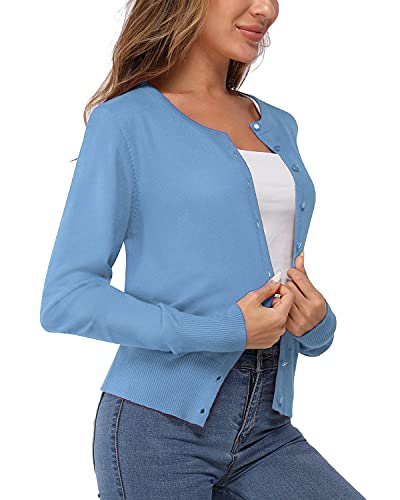 Newshows Women's 2023 Lightweight Button Down Long Sleeve Fall Fashion Crew Neck Soft Knit Cardigan Sweater Tops(Gray Blue 02,Large) #TOP1