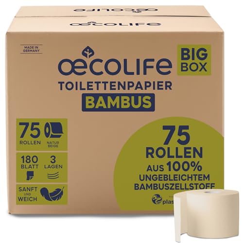 œcolife Bambus Toilettenpapier, 75 Rollen, 3-lagig, Ungebleicht in natürlichem Beige, 180 Blatt pro Rolle, Frei von Kolophonium & Chlor, Nachhaltig & Plastikfrei verpackt