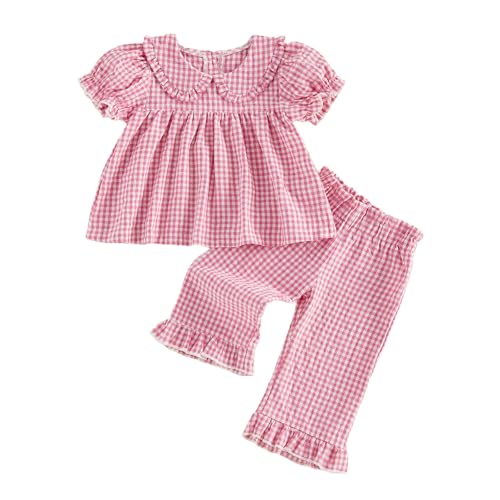Toddler Girls Spring Outfit Peter Pan Collar Sleeveless Plaid Vest Tops Elastic Waist Pants Set Kids Summer Clothes (Puff Sleeve-Pink 3-4T)
