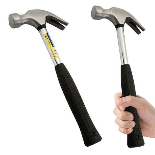 16Oz Claw Hammer - Heavy Duty, Metal Shaft Rubber Grip | Non Slip Handle, Curved Nail Steel Head, Multi Purpose Household DIY, Work Screw Nails, Durable