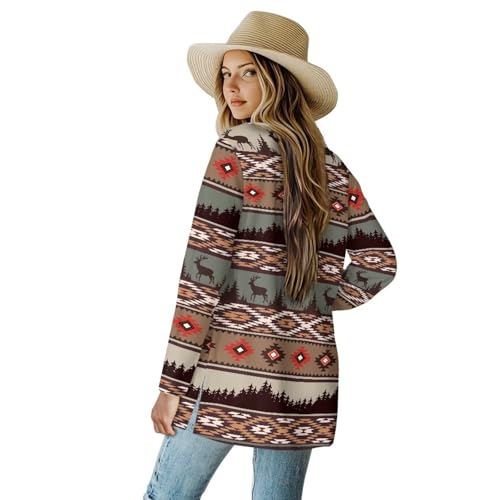 Image of Women's Aztec Open-Front Jacket Lightweight Casual Outerwear Native Western Aztec Pattern & Plaid Houndstooth Print