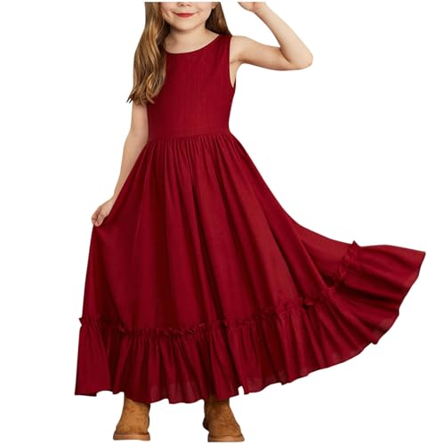 Girls Maxi Dress Ruffle Flowy Swing Boho Summer Dresses Sleeveless Crewneck Casual Long Sundress 2025 Trendy