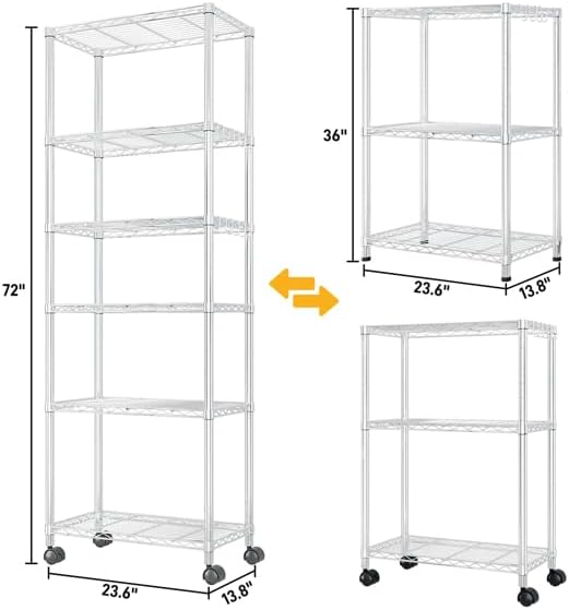 Heavy duty carbon steel wire shelving unit with wheels and leveling feet, 6 tier adjustable rack for garage pantry.