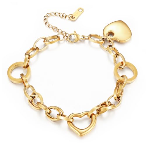 Emibele Bracelet en Acier Inoxydable Non Terni Avec Pendentif en Forme de Cœur, Chaîne de Main Ajustable Avec Fermoir en Or, Cadeaux Romantiques pour les Femmes à La...