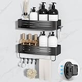 Onemake Shower Caddy Suction Cup,2-Pack Shower Shelf Organizer, Bathroom Suction Shelves with Portable Hooks, Shower Caddies Corner with Towel Bar,Matte Black