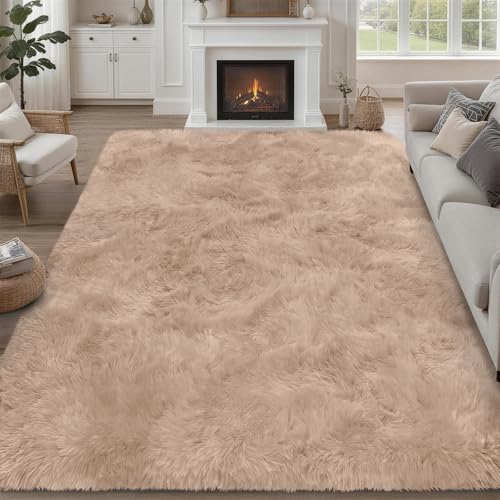 8x10 Area Rugs for Living Room Bedroom: Ultra Soft Fluffy Shag Rug Upgrade Non-Slip Non-Shedding Large Fuzzy Plush Carpet Indoor Floor Carpets for Kids Room Playroom Nursery Dorms Home Decor Beige