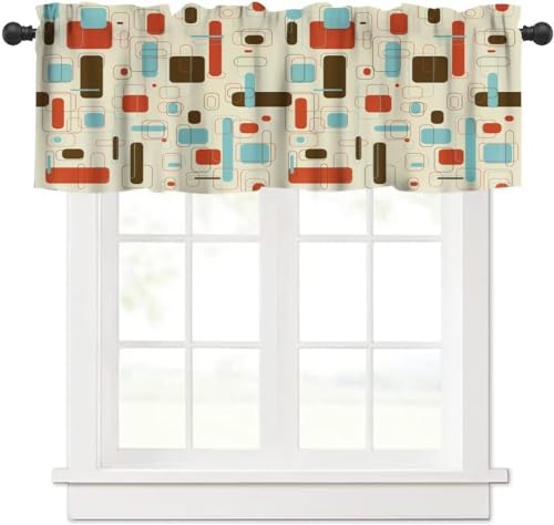 Image of Retro Abstract Geometric Window Valance Curtain, Vintage Shapes Mid Century Colorful Boho Style Window Treatment Valances for Kitchen Living Room Cafe Decor 54'x18', 1 Panel