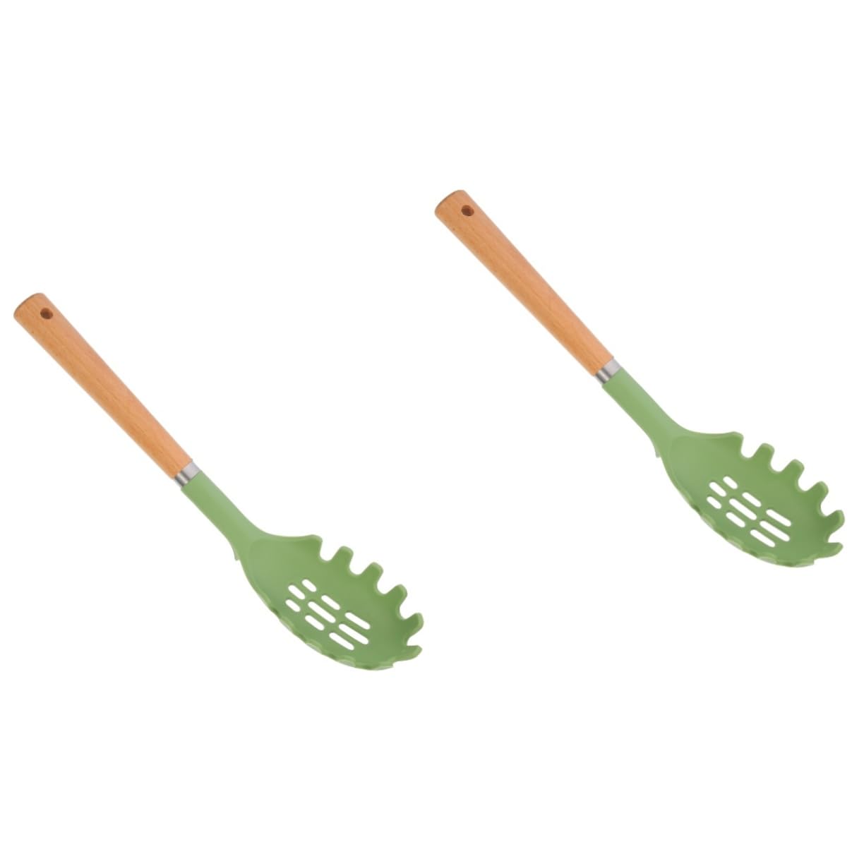 GRIRIW 2pcs Pasta Server Forks Wooden Handle Spaghetti Spoon for Cooking Kitchen Pasta Gadgets Stainless Steel Silicone Construction