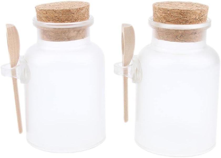 JAZZY PEARLS 2 Pieces ABS Bath Salt Bottles Empty Clear Corked Jar with Wood Spoon 200g