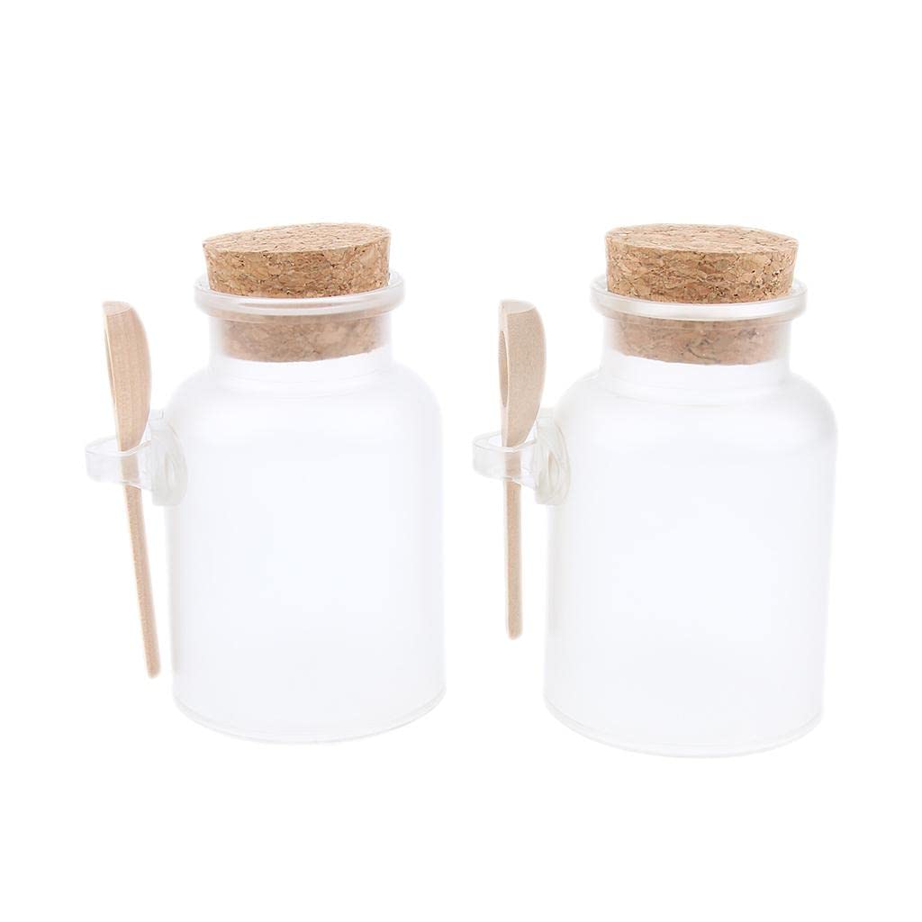 JAZZY PEARLS 2 Pieces ABS Bath Salt Bottles Empty Clear Corked Jar with Wood Spoon 200g