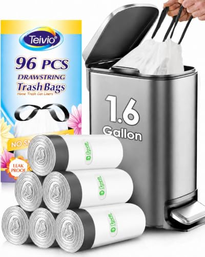 1.6 Gallon 100 Counts Small Drawstring Trash Bags by Teivio Fit1.2 1.3 1.5 Gallon Bathroom Trash Can Bin Liners 5-6 Liter Small Plastic Garbage Bags for home office kitchen White