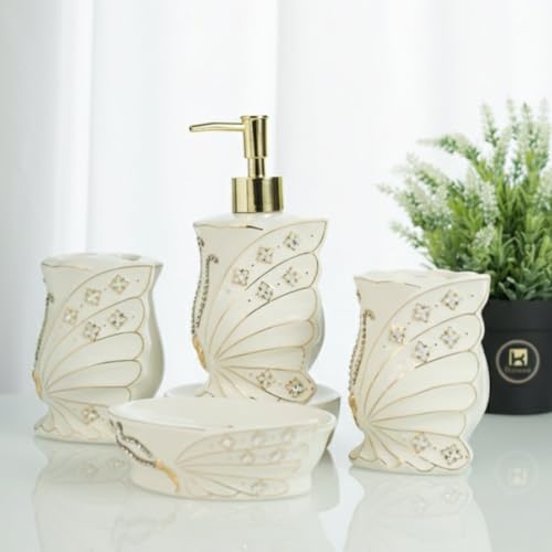 Image of Kookee Ceramic Bathroom Accessories Set of 4 - Soap Dispenser, Toothbrush Holder & Soap Dish | Modern Bath Set, Luxury Home Gift, White (12248)