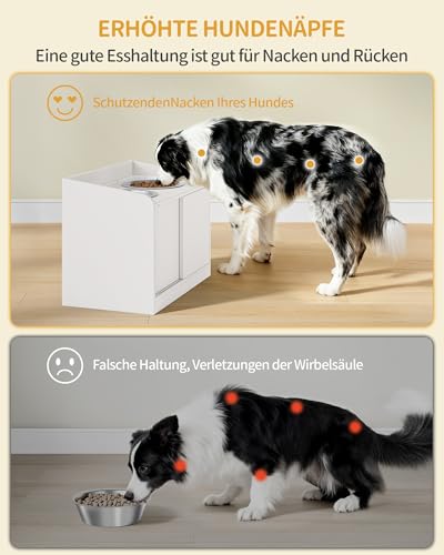 Hzuaneri Erhöhter Hundenapf mit Schiebetür-Aufbewahrung, 2 x 2 L Edelstahlnäpfe, 46 cm Hoch, Futterstation für Mittelgroße Bis Große Hunde, Mattweiß PB88003W