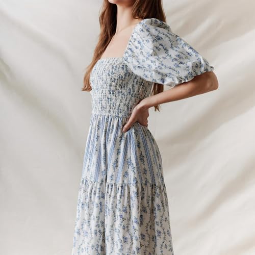 Image of Women Patchwork Dress Y2k Floral Puff Short Sleeve Maxi Dress Summer Boho Smocked Tiered Ruffle Beach Sundress