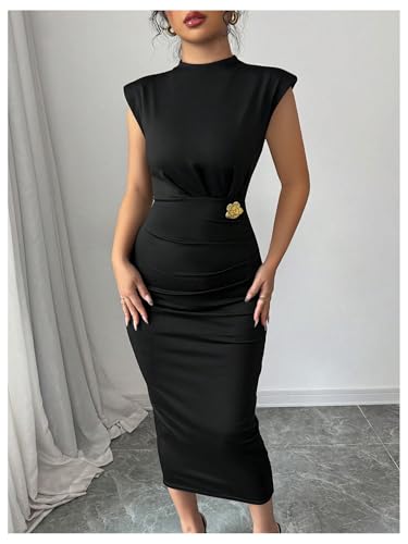 SOLY HUX Women's Elegant Mock Neck Sleeveless Bodycon Midi Dress 3D Floral Business Work Dresses2