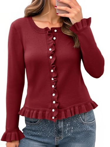 Image of Saodimallsu Womens Ruffle Cardigan Sweaters Button Up Crew Neck Long Sleeve Cropped Sweater Cute Soft Knit Tops