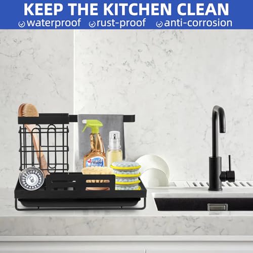 Simup Sink Caddy Sponge Holder for Kitchen,Sink Storage Rack,Dish Cloth Rack,Detachable Brush Holder with Removable Drip Tray for Countertop,Black - Image 6