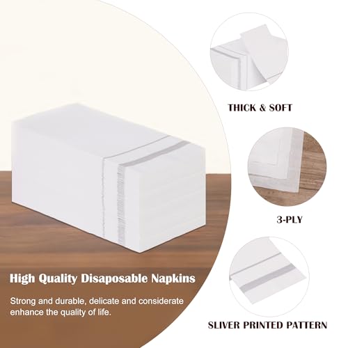 Image of 200 Pack 3-Ply Disposable Guest Towels, Silver Trim Dinner Napkins