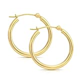 14k Yellow Gold Classic Real Gold Shiny Polished Hoop Earrings, Plain Round Gold Earrings for Women,
